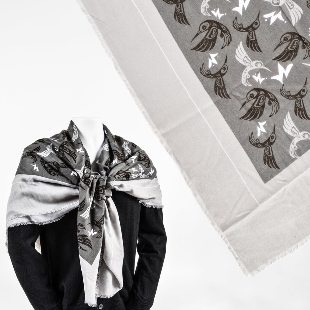 Magenta Grey and Black Hummingbird Tribal Shawl by artist Bill Helin.